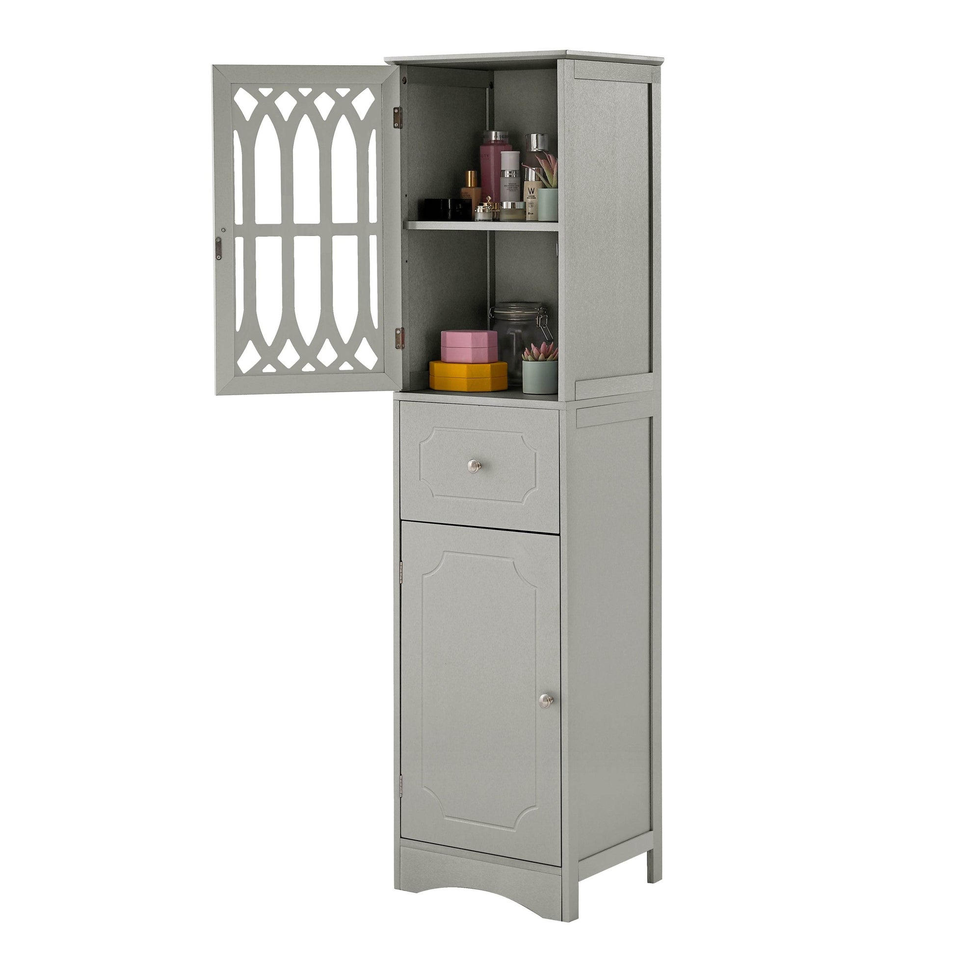 MLNshops Gray tall bathroom cabinet with doors and drawer