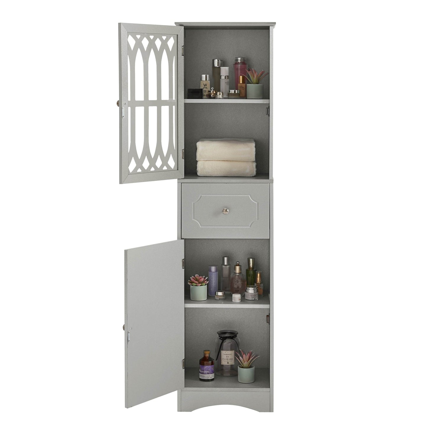 MLNshops Gray tall bathroom cabinet with doors and drawer