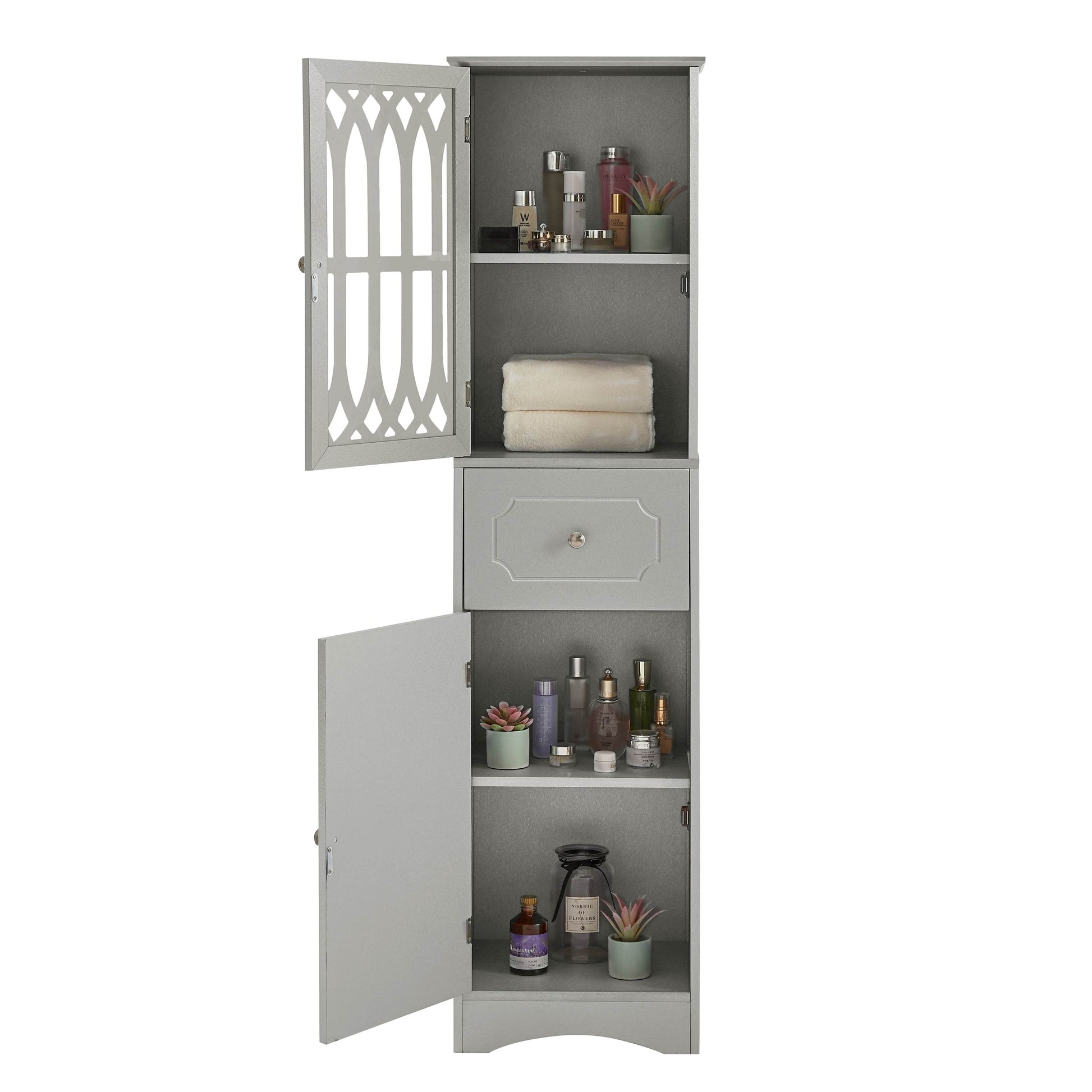MLNshops Gray tall bathroom cabinet with doors and drawer