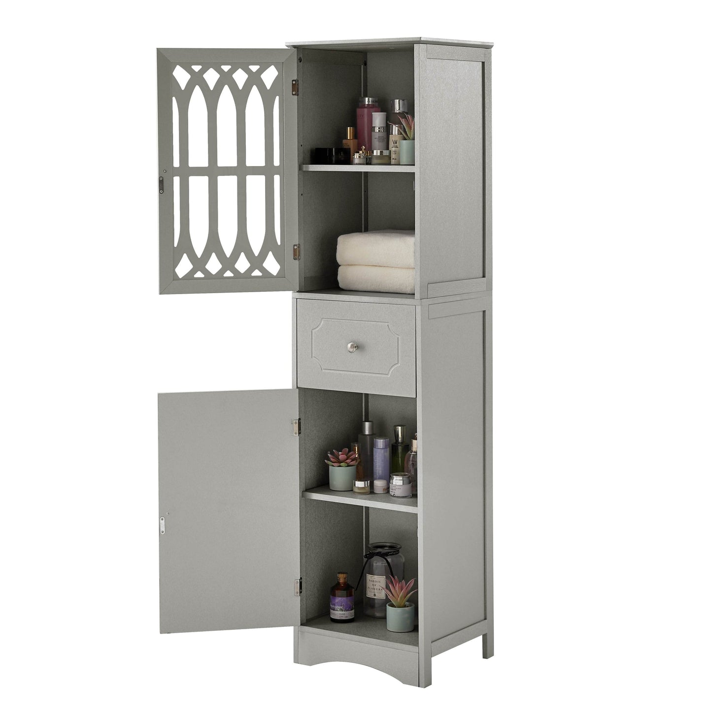 MLNshops Gray tall bathroom cabinet with doors and drawer