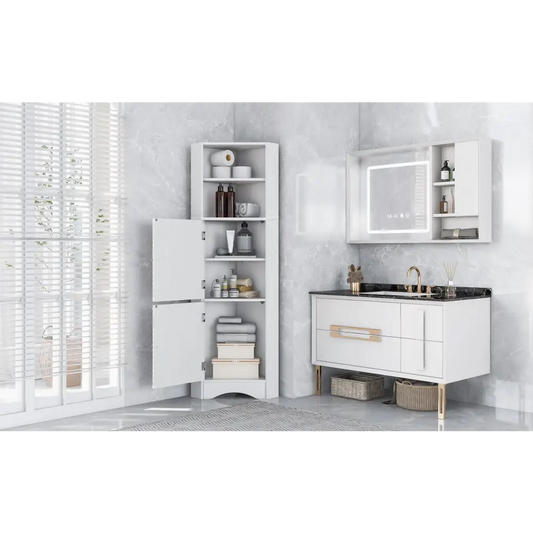 Tall Bathroom Corner Cabinet, Freestanding Storage Cabinet with Doors and Adjustable Shelves, MDF Board, White MLNshops]