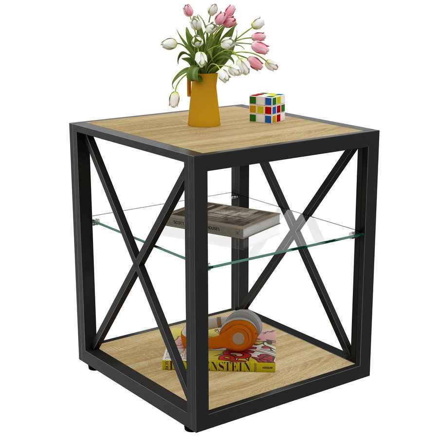 MLNshops Tempered Glass Side Table Wood Frame End Table