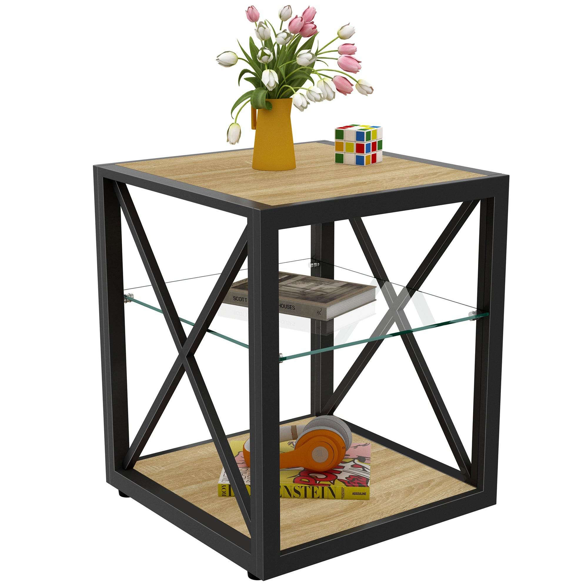 MLNshops Tempered Glass Side Table Wood Frame End Table