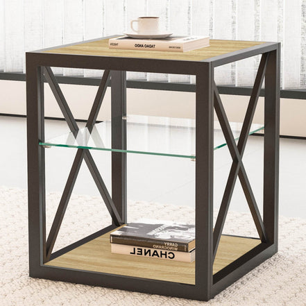 MLNshops Tempered Glass Side Table Wood Frame End Table