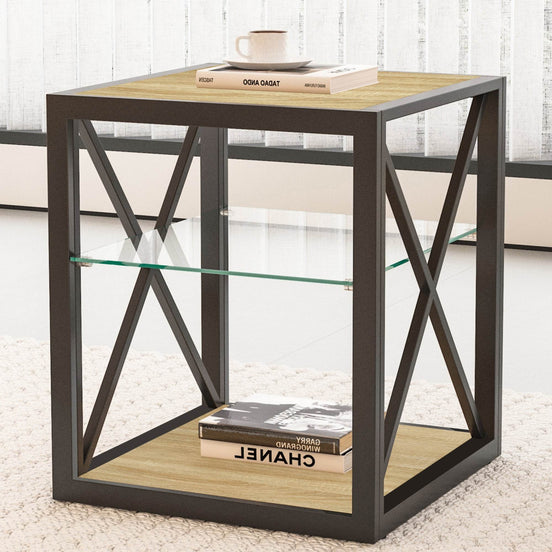 MLNshops Tempered Glass Side Table Wood Frame End Table