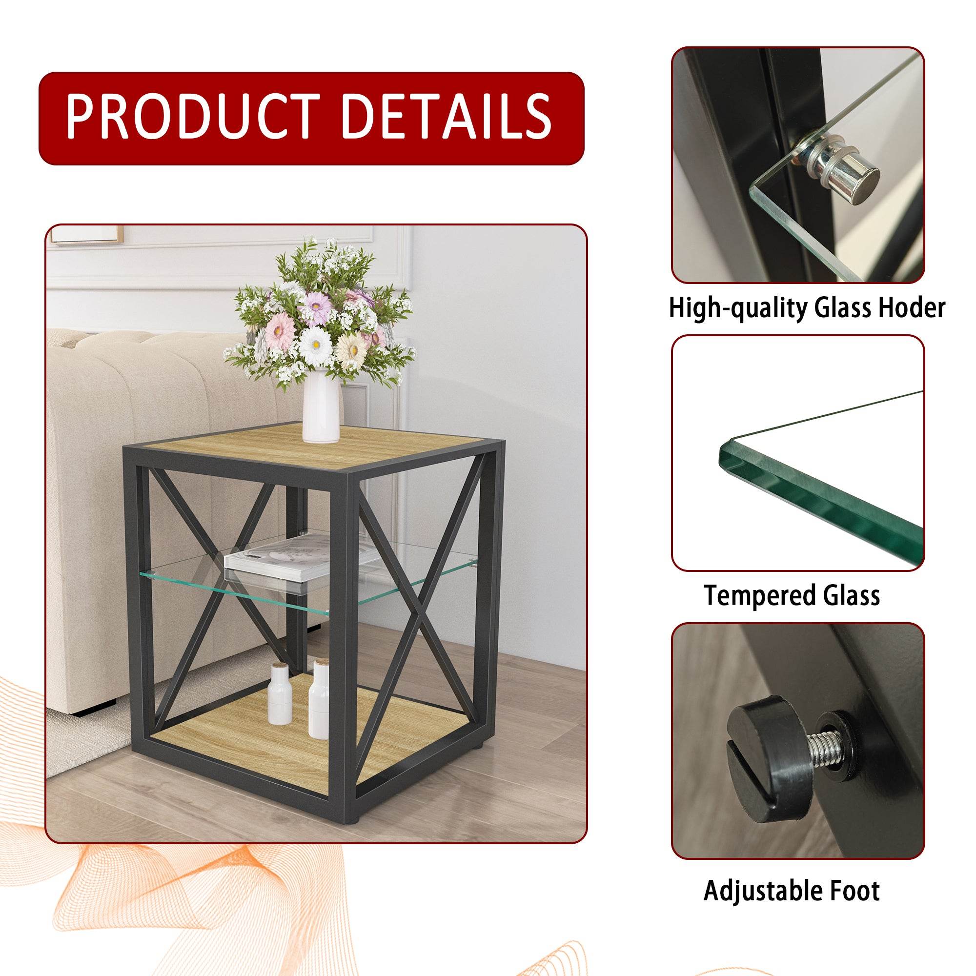 MLNshops Tempered Glass Side Table Wood Frame End Table