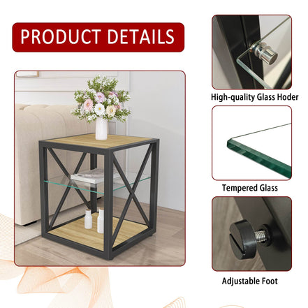 MLNshops Tempered Glass Side Table Wood Frame End Table