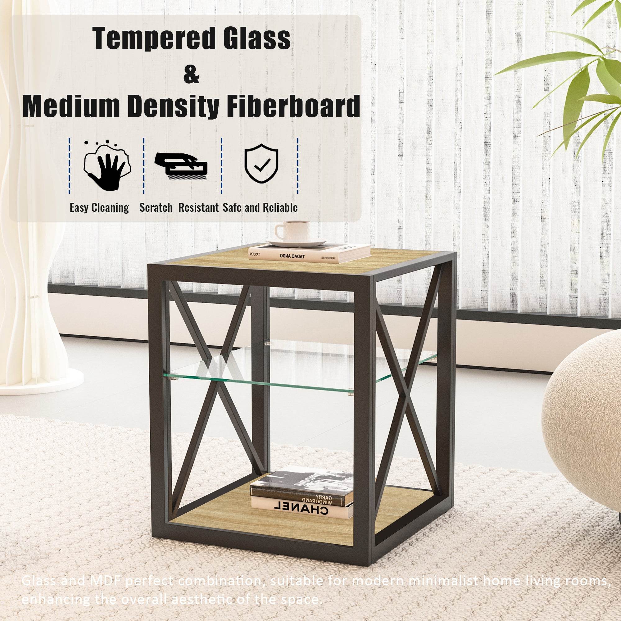 MLNshops Tempered Glass Side Table Wood Frame End Table