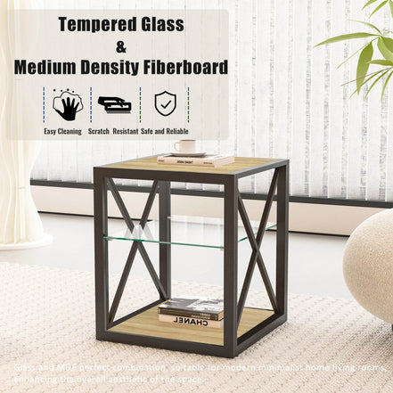 MLNshops Tempered Glass Side Table Wood Frame End Table