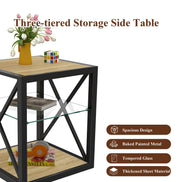 MLNshops Tempered Glass Side Table Wood Frame End Table