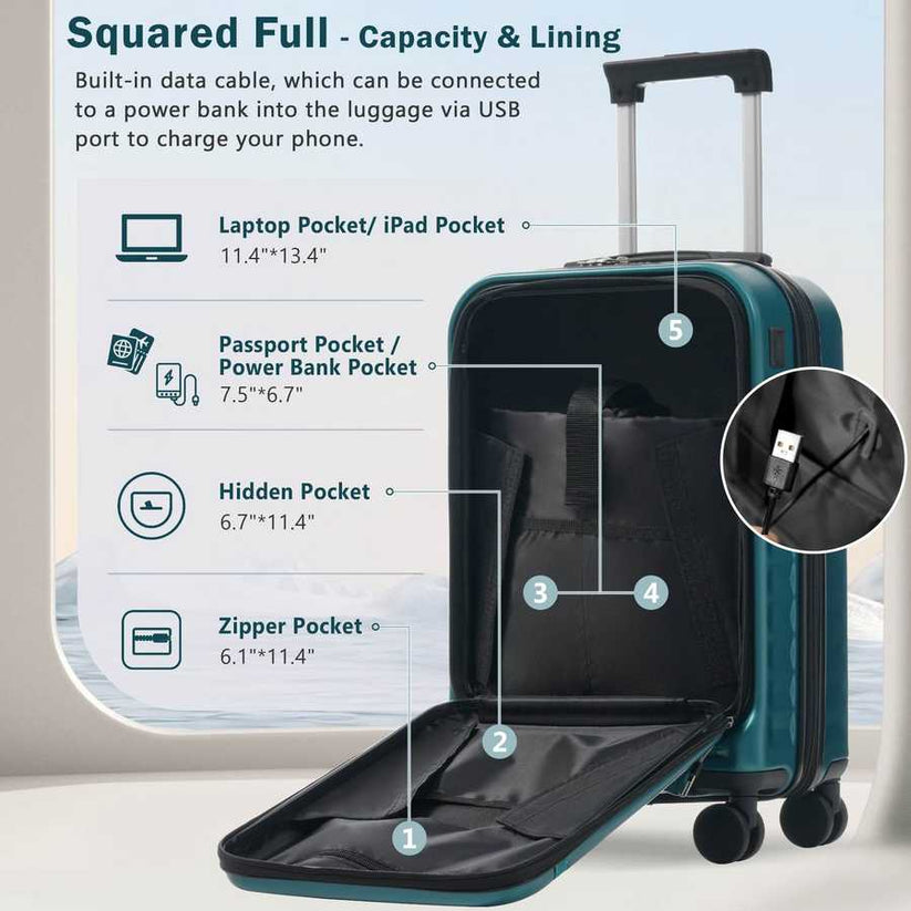Expandable hardside luggage interior with laptop and passport storage