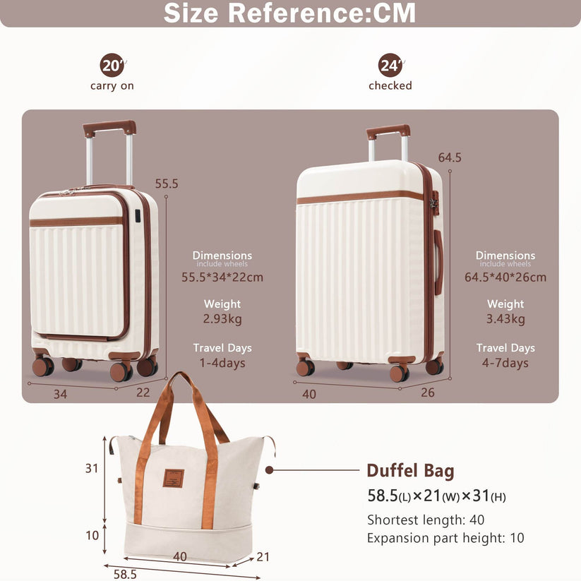 Front opening luggage set with size dimensions