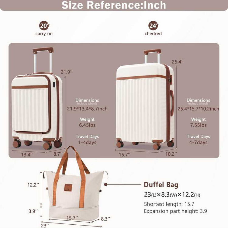 MLNshops 3-Piece front opening luggage set - Hardshell USB