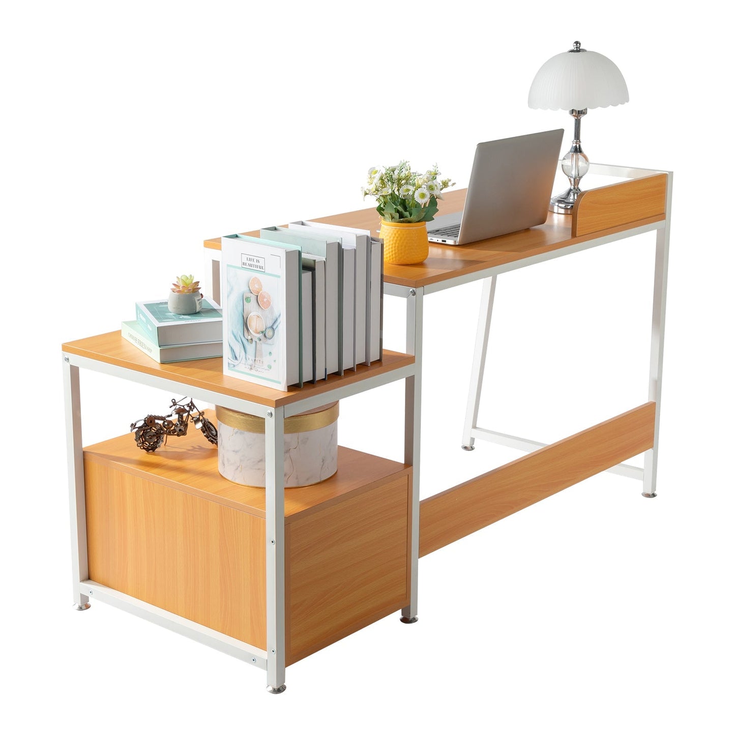 Triamine Particleboard White Iron Pipe Cabinet with Drawer 2*USB Port 2*Three Sockets Wireless Charging Computer Desk MLNshops]