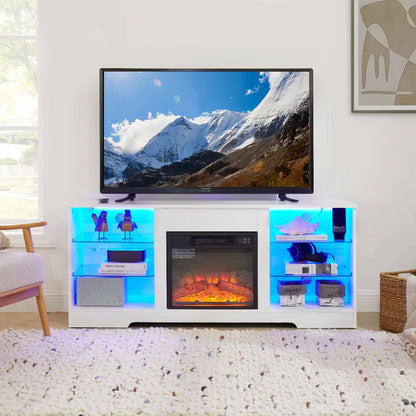 TV Stand Electric Fireplace TV Stand with Glass Shelves, 3D Fireplace TV Stand with LED Lights Wood with USB Charging Outlet Modern Television MLNshops]