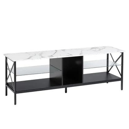 TV stand, Iron TV cabinet, entertainment center TV set, media console, with LED lights, remote control, toughened glass stand, color: white with marble texture MLNshops]