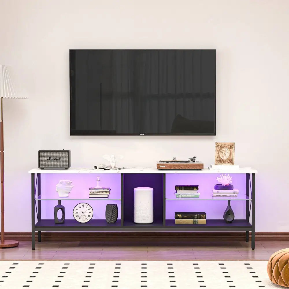 TV stand, Iron TV cabinet, entertainment center TV set, media console, with LED lights, remote control, toughened glass stand, color: white with marble texture MLNshops]