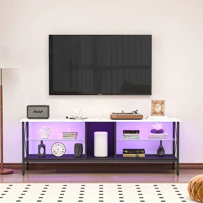 TV stand, Iron TV cabinet, entertainment center TV set, media console, with LED lights, remote control, toughened glass stand, color: white with marble texture MLNshops]