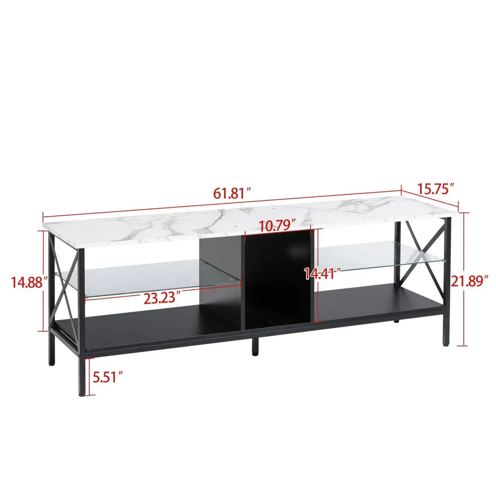 TV stand, Iron TV cabinet, entertainment center TV set, media console, with LED lights, remote control, toughened glass stand, color: white with marble texture MLNshops]