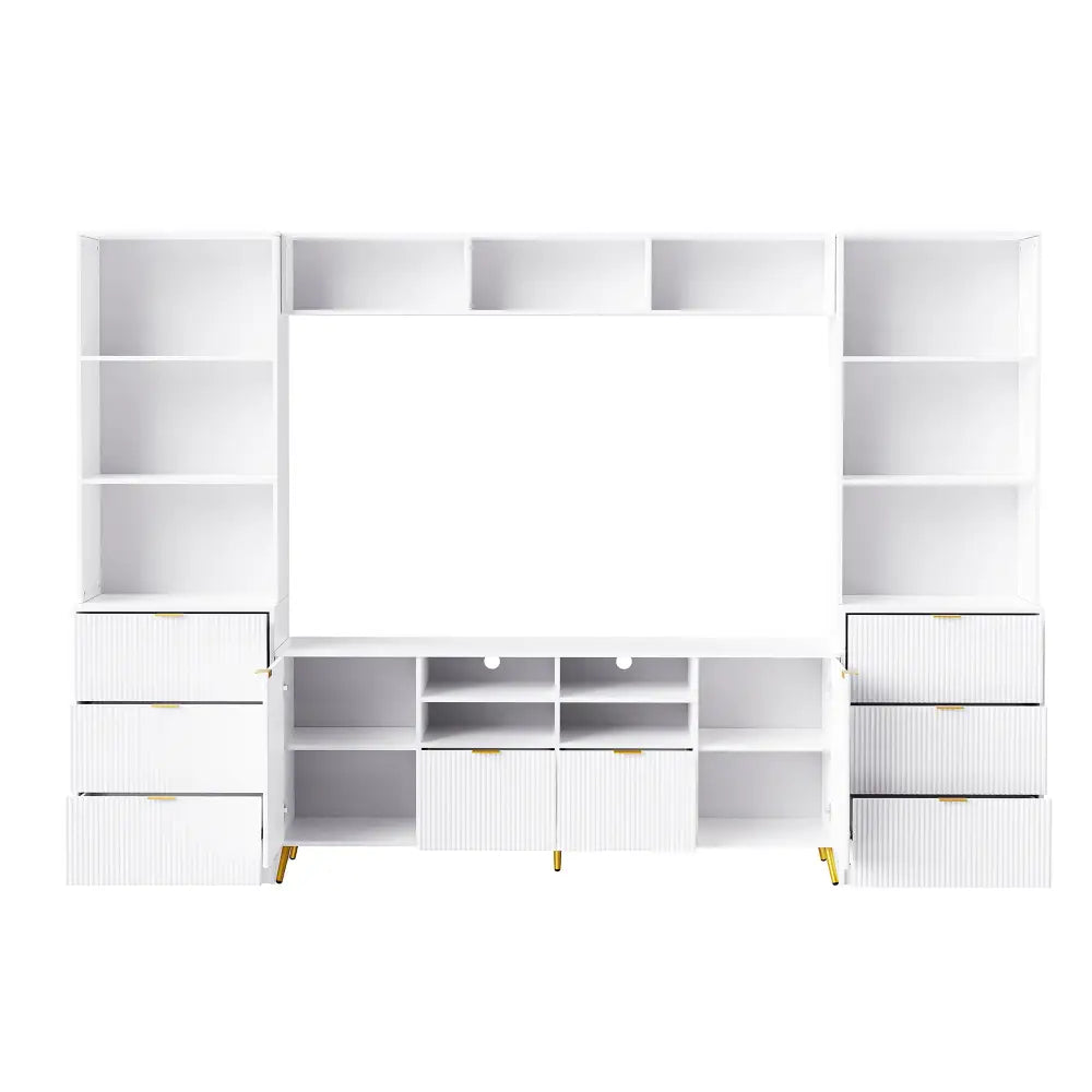 U-Can 4-Piece Entertainment Wall Unit with 13 shelves,8 Drawers and 2 Cabinets, Multifunctional TV Stand Media Storage Cabinet with Fluted Line MLNshops]