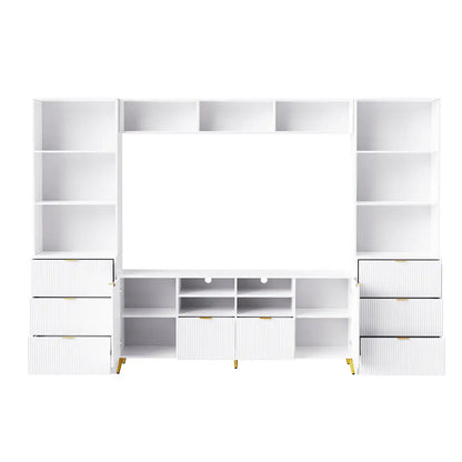 U-Can 4-Piece Entertainment Wall Unit with 13 shelves,8 Drawers and 2 Cabinets, Multifunctional TV Stand Media Storage Cabinet with Fluted Line MLNshops]