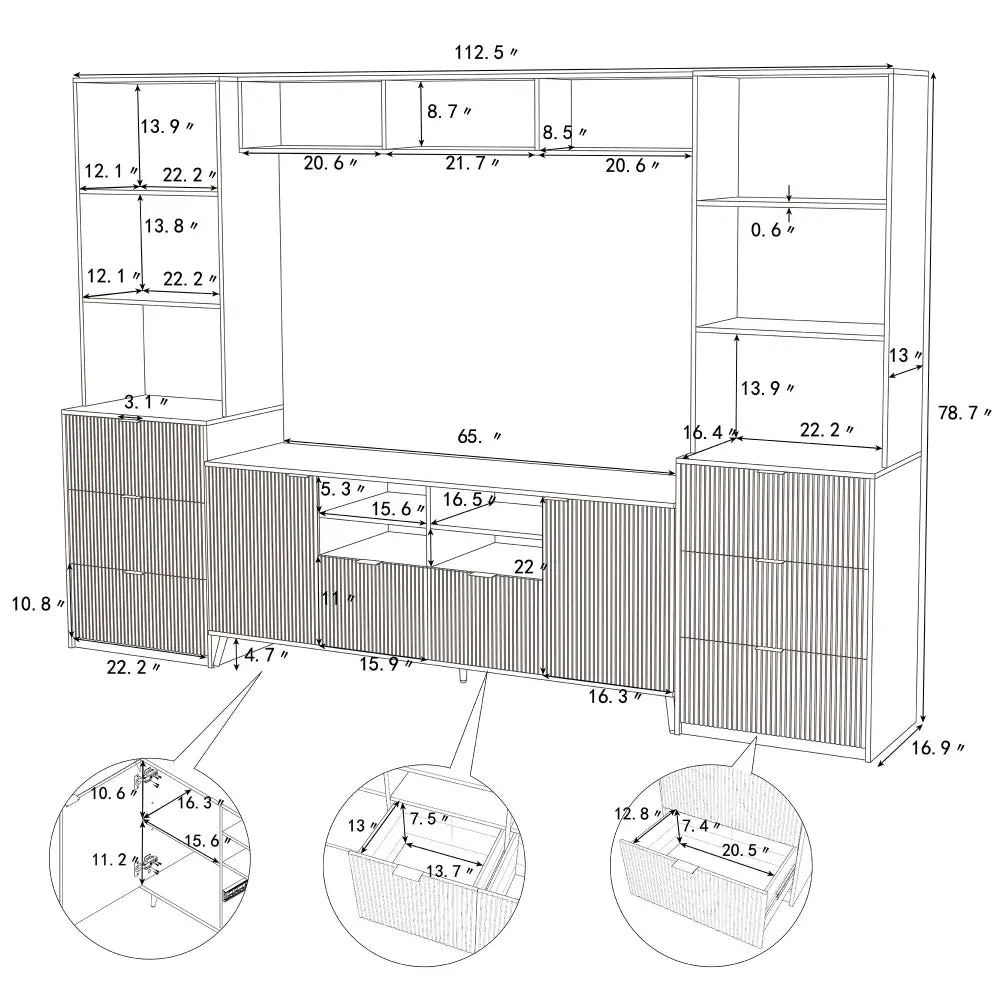 U-Can 4-Piece Entertainment Wall Unit with 13 shelves,8 Drawers and 2 Cabinets, Multifunctional TV Stand Media Storage Cabinet with Fluted Line MLNshops]