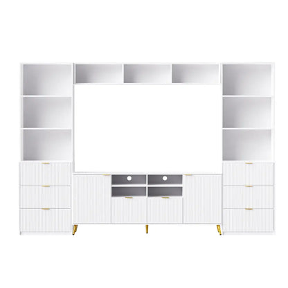 U-Can 4-Piece Entertainment Wall Unit with 13 shelves,8 Drawers and 2 Cabinets, Multifunctional TV Stand Media Storage Cabinet with Fluted Line MLNshops]