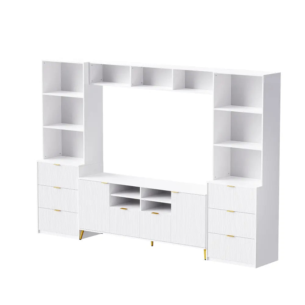 U-Can 4-Piece Entertainment Wall Unit with 13 shelves,8 Drawers and 2 Cabinets, Multifunctional TV Stand Media Storage Cabinet with Fluted Line MLNshops]