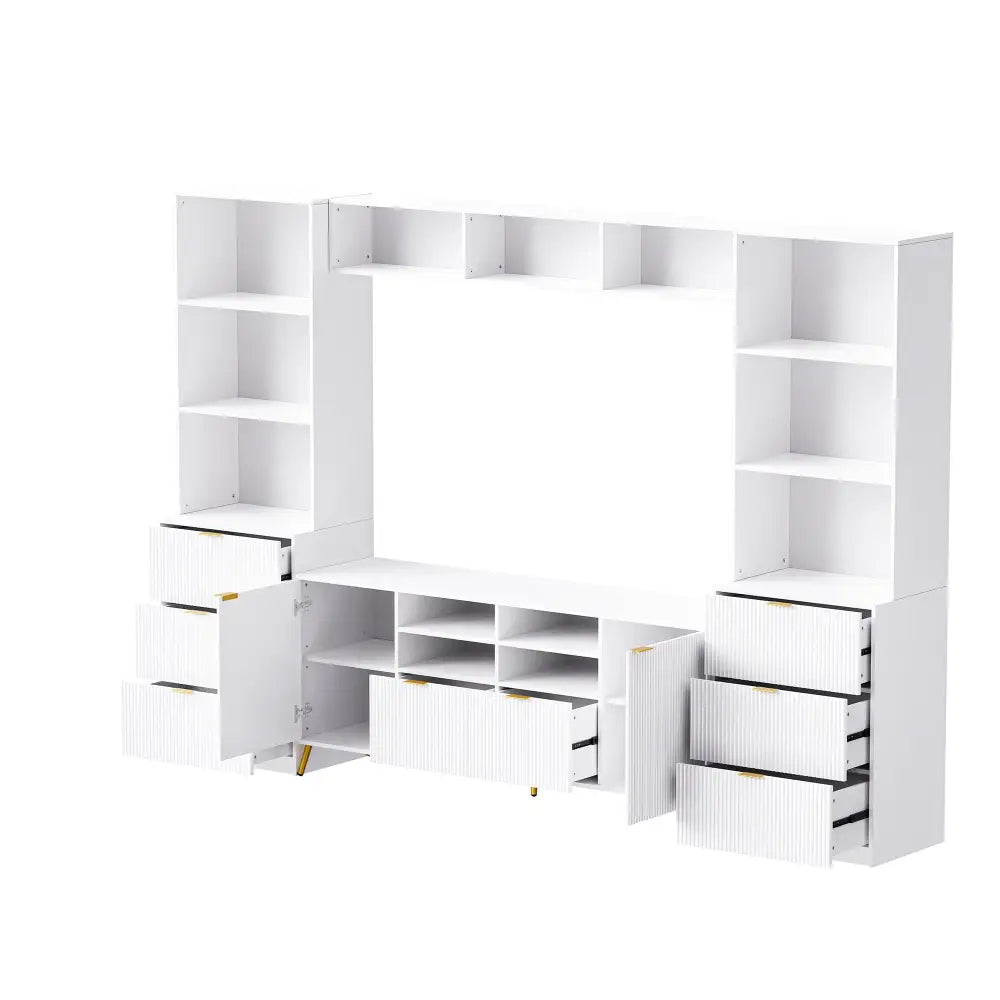 U-Can 4-Piece Entertainment Wall Unit with 13 shelves,8 Drawers and 2 Cabinets, Multifunctional TV Stand Media Storage Cabinet with Fluted Line MLNshops]