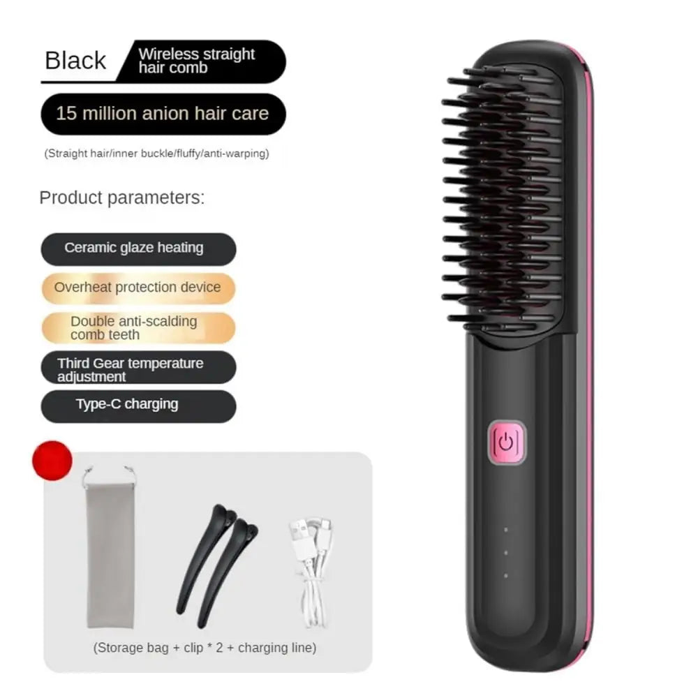 Ultra.Soft Hair Brush, Portable Cordless Design, USB charging, Hidden Heating, Scalp Massage, LED Display, 30 min auto Power Off, Tooth Comb Design, Black MLNshops]