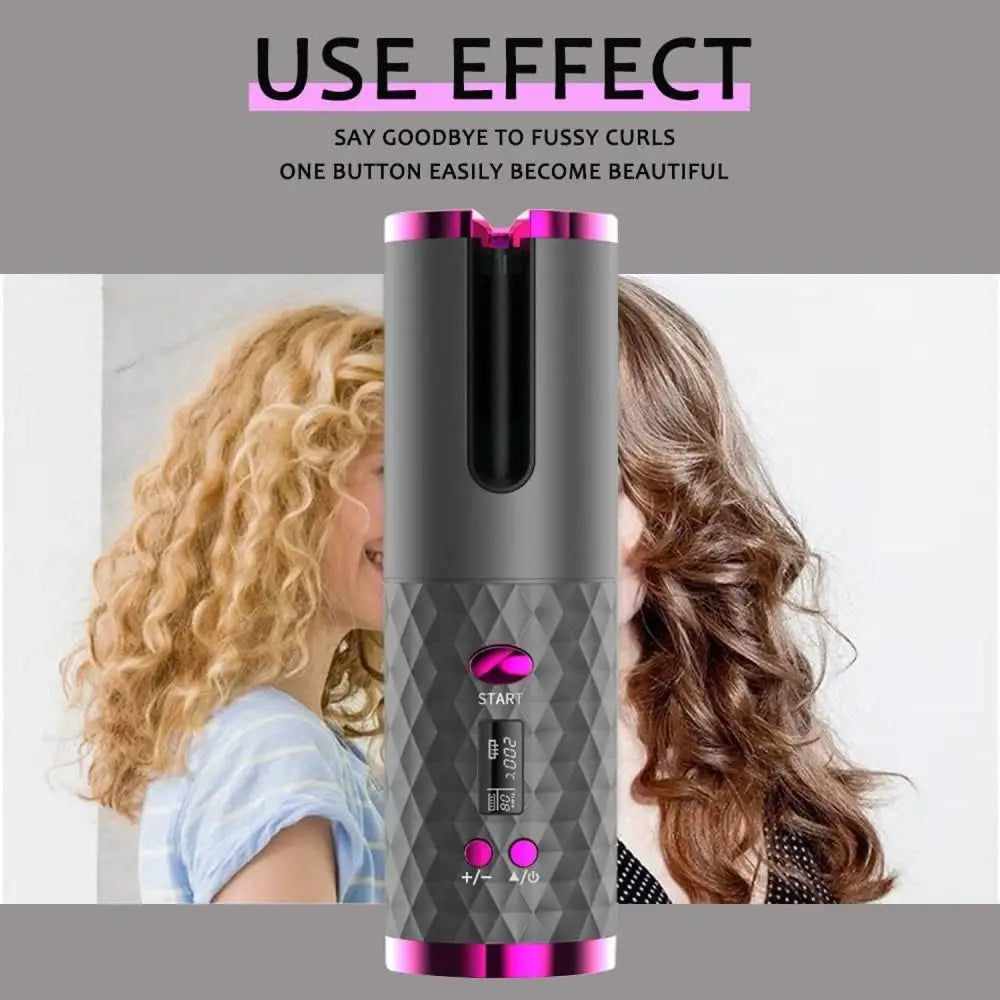 Unbound Cordless Auto Rotating Ceramic Hair Curler USB Rechargeable Automatic Curling Iron LED Display Temperature Wave Curler， pink MLNshops]