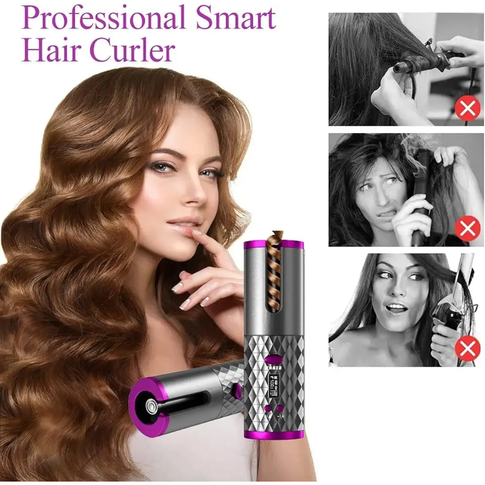 Unbound Cordless Auto Rotating Ceramic Hair Curler USB Rechargeable Automatic Curling Iron LED Display Temperature Wave Curler， pink MLNshops]