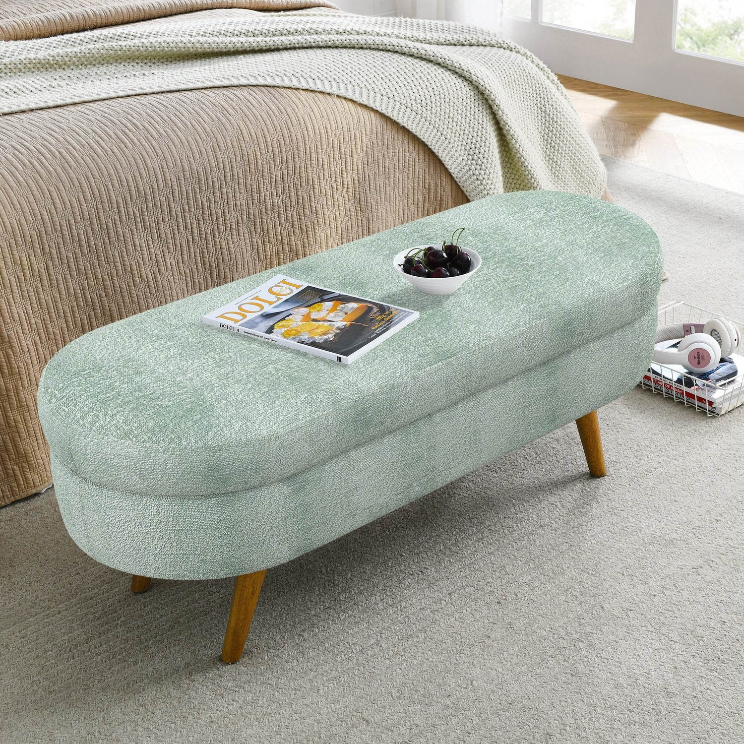 Upholstered Ottoman with Wooden Legs - Stylish & Comfortable