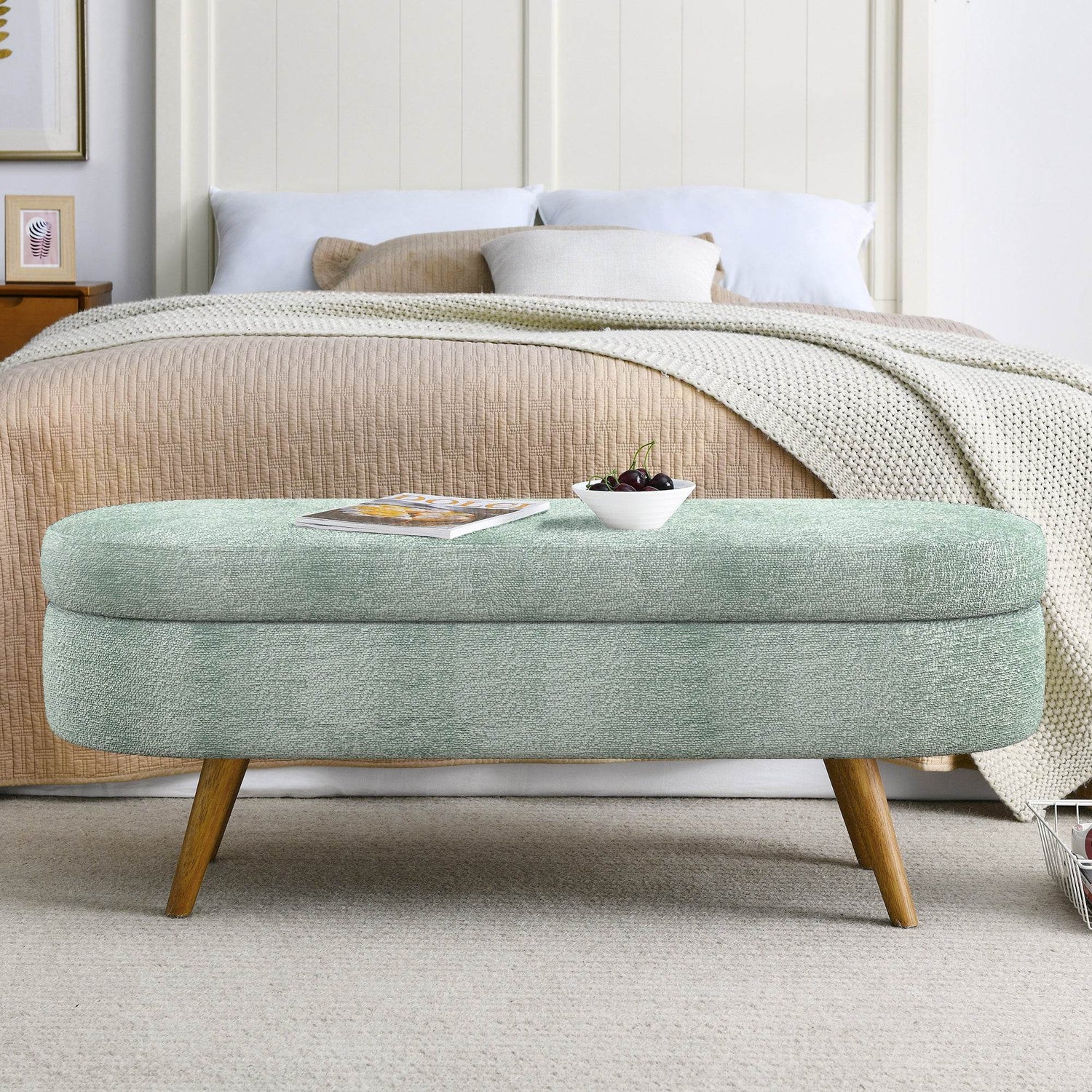 Upholstered Ottoman with Wooden Legs - Stylish & Comfortable