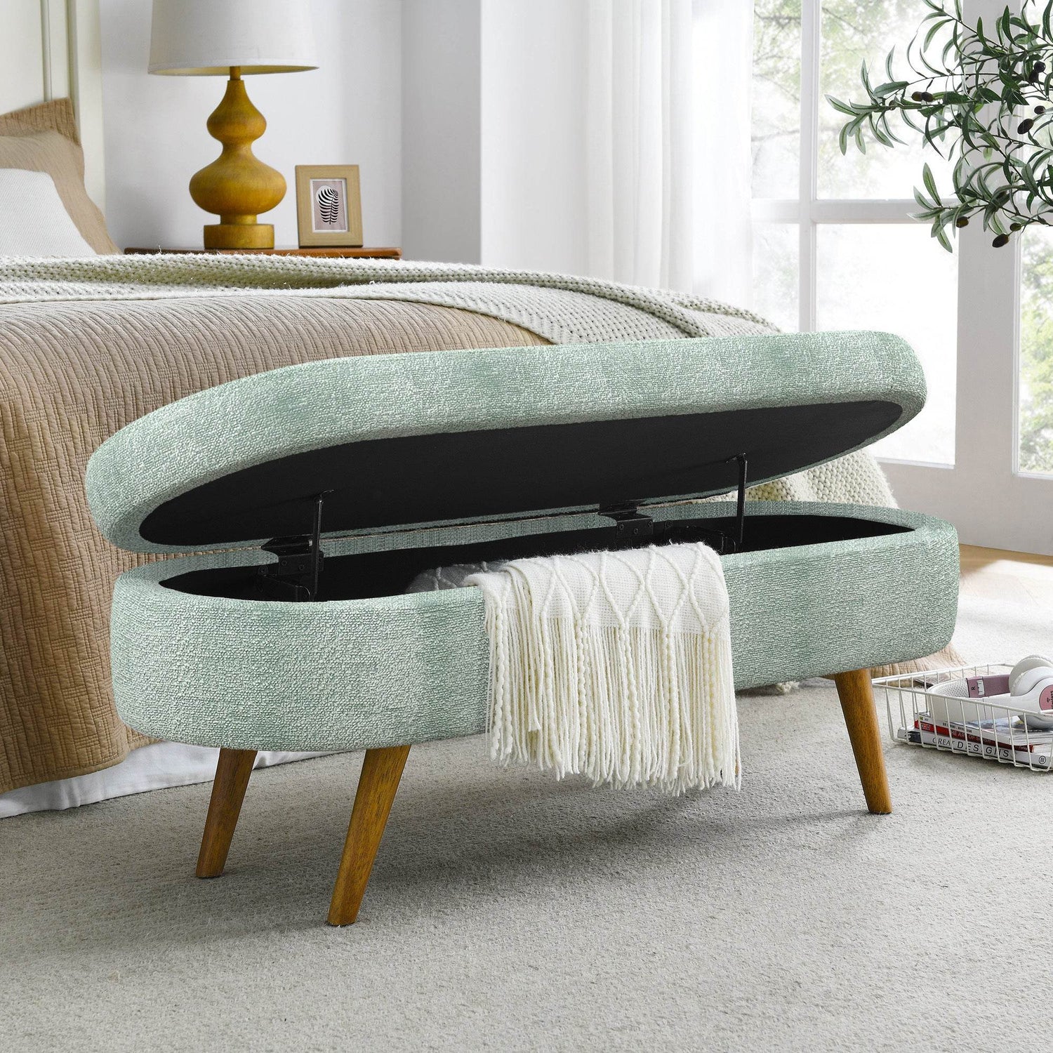Upholstered Ottoman with Wooden Legs - Stylish & Comfortable