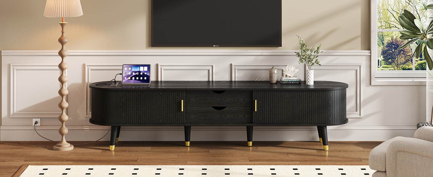 MLNshops black wooden TV stand with charging station, USB