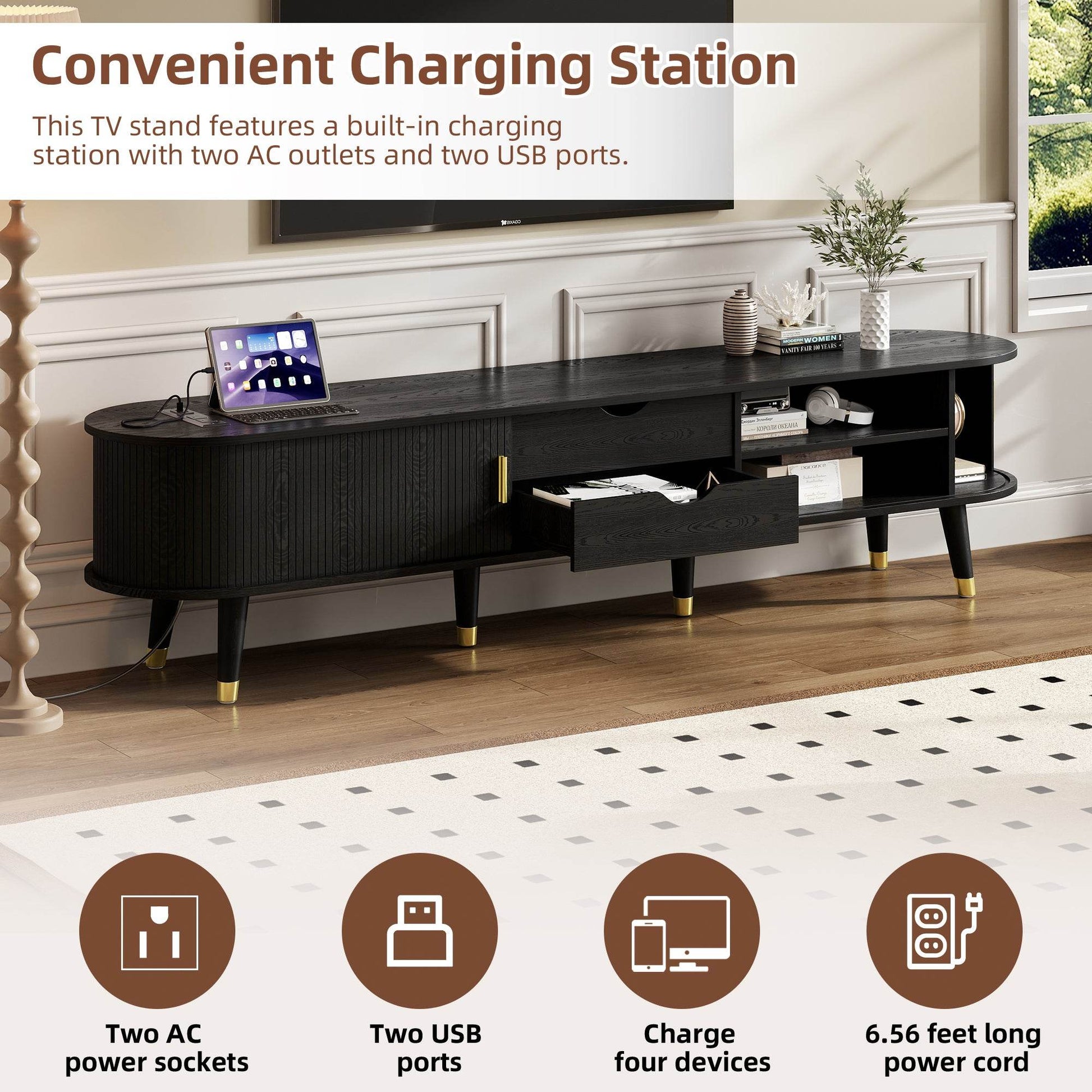 MLNshops black wooden TV stand with charging station, USB