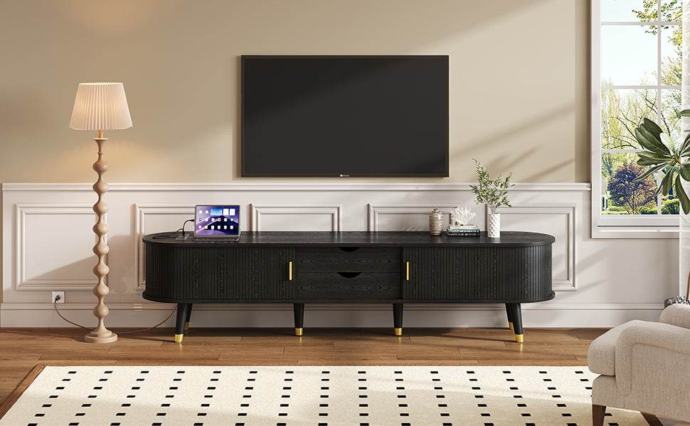 MLNshops black wooden TV stand with charging station, USB