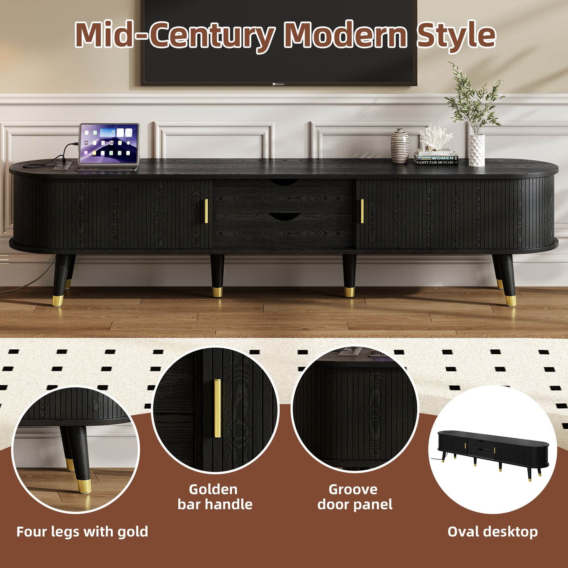 MLNshops black wooden TV stand with charging station, USB