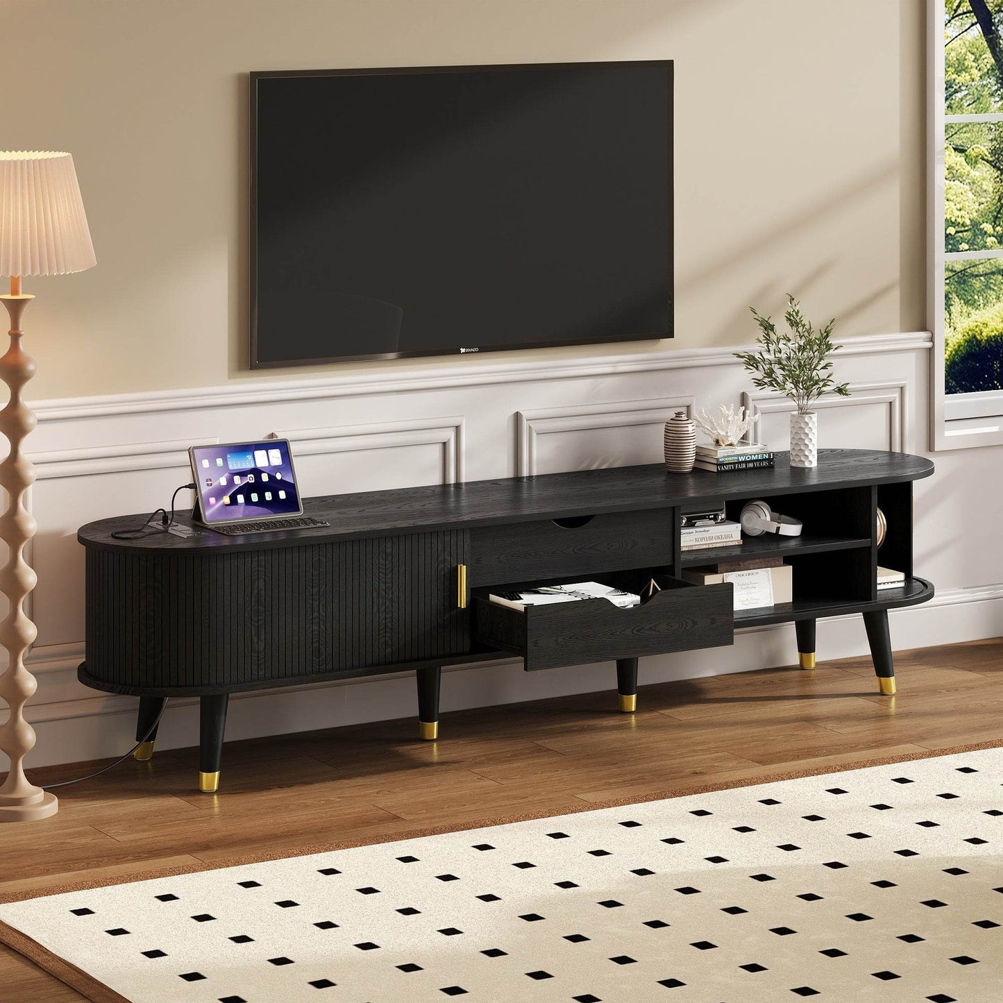 MLNshops black wooden TV stand with charging station, USB