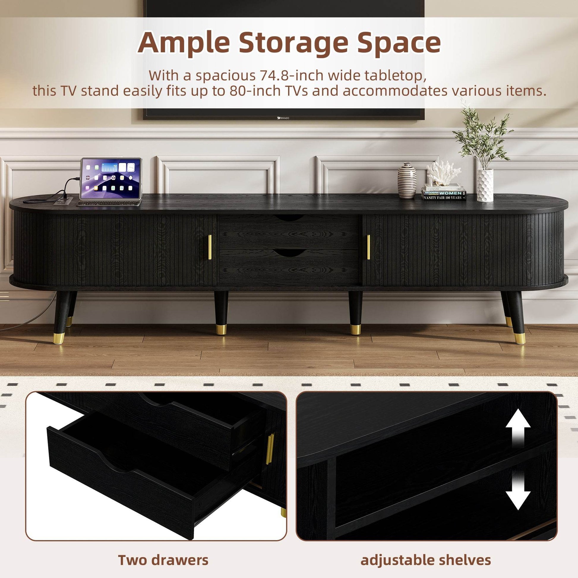 MLNshops black wooden TV stand with charging station, USB