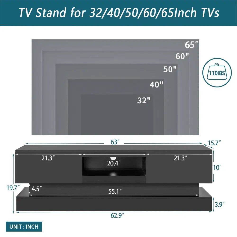MLNshops Black Television Cabinet 63 Inches with LED Lighting