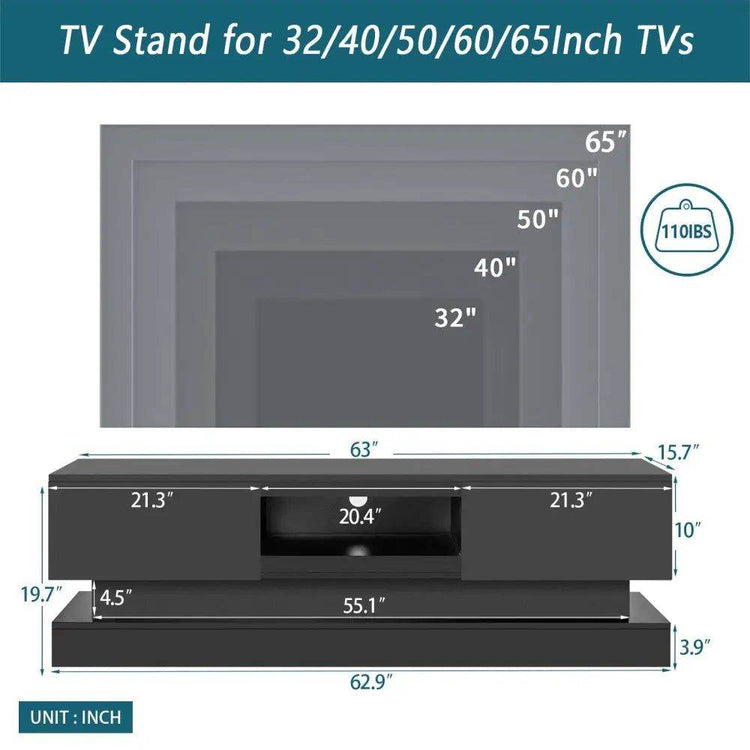 MLNshops Black Television Cabinet 63 Inches with LED Lighting