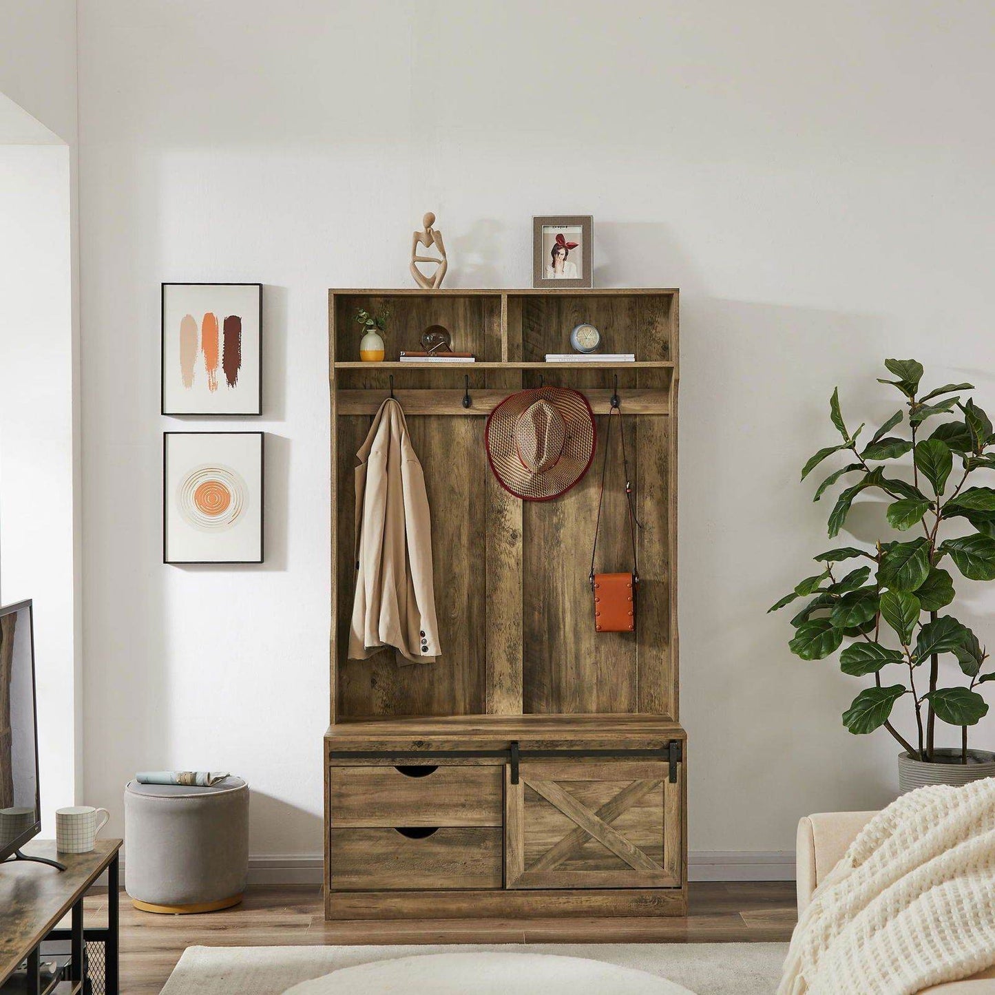 MLNshops Coat Rack with Shoe Cabinet for Organized Entryway Light brown