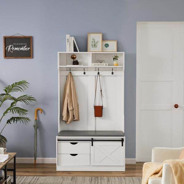 MLNshops Coat Rack with Shoe Cabinet for Organized Entryway White