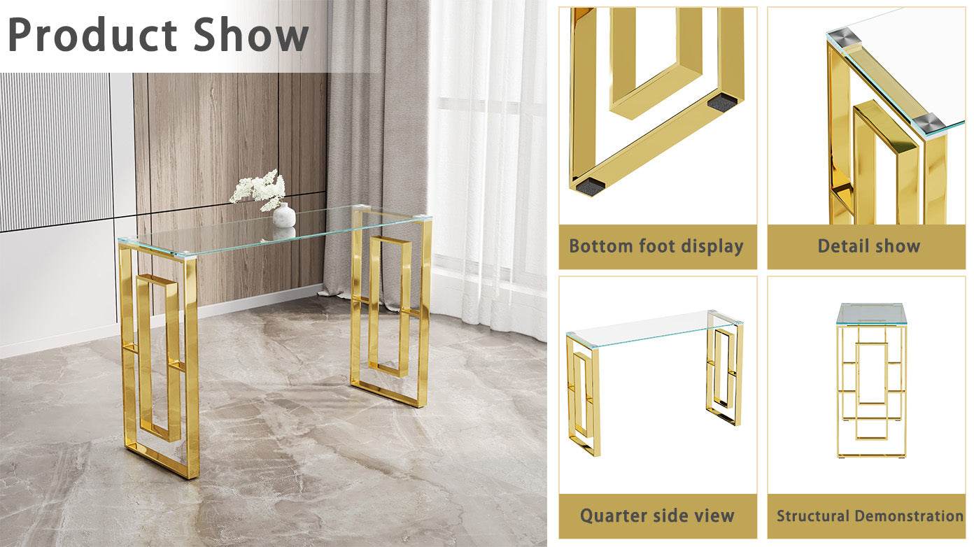 MLNshops Gold Stainless Steel Console Table with Glass Top