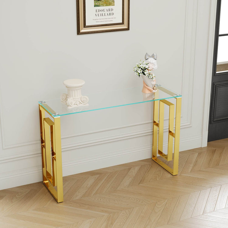 MLNshops Gold Stainless Steel Console Table with Glass Top