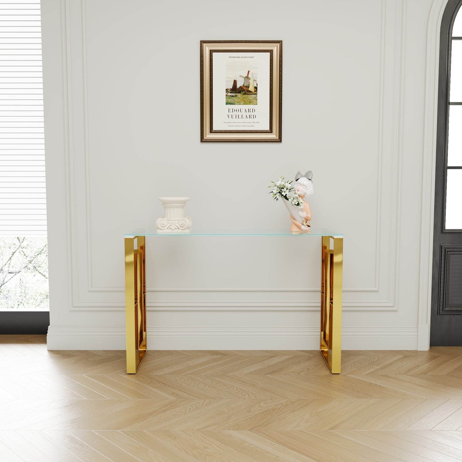 MLNshops Gold Stainless Steel Console Table with Glass Top