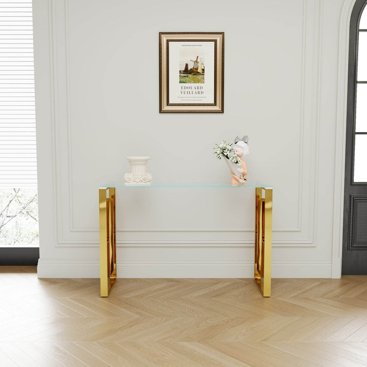 MLNshops Gold Stainless Steel Console Table with Glass Top