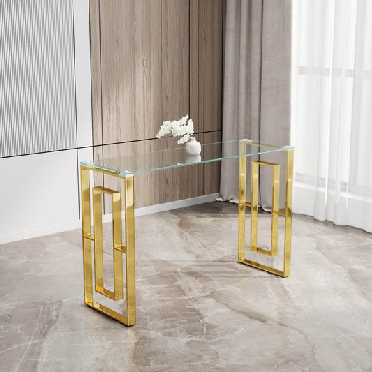 MLNshops Gold Stainless Steel Console Table with Glass Top Default